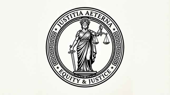 Lady justice figure holding golden scales and a sharp sword inside a circular emblem featuring Greek patterns and bold latin text for a legal professional logo