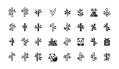 Extensive collection of bamboo plant icons in black silhouette style depicting stalks leaves and panda bears. © MDABDUR