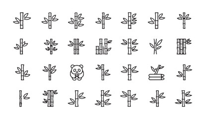 Bamboo tree line icon set with panda character for oriental nature decoration and asian garden plant design. © MDABDUR
