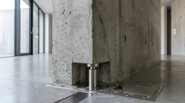 Close up of a heavy duty metal pivot hinge mechanism on a modern wooden door