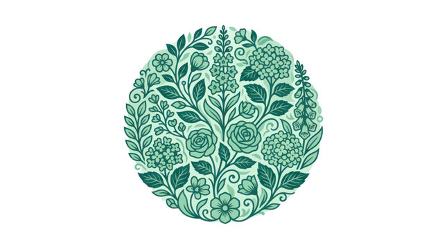Green leafy floral patterned circular design.