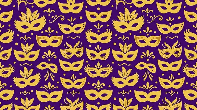 Gold masquerade mask pattern on purple background for celebration
