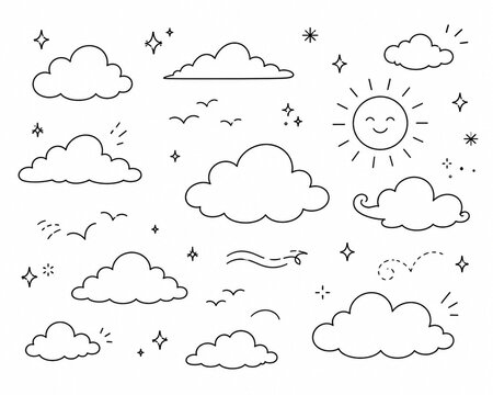 Minimalist hand drawn cloud doodle collection with smiling sun, stars, birds, and sparkles in clean black outline. Ideal for nursery, branding, stationery, education, and creative projects.