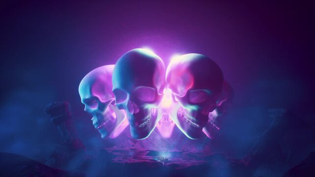 Circle Of Stylized Human Skulls Rotating In Dense Fog With Purple Neon Lighting 3D Loop