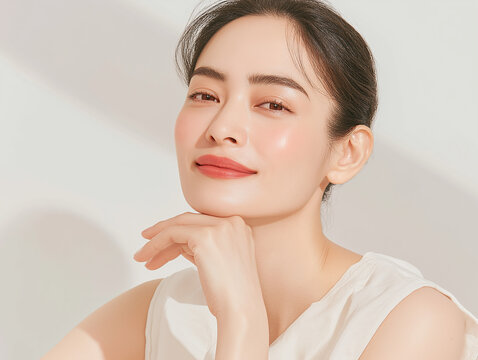 美容, 女性, スキンケア, 化粧品, ビューティー, 若い女性, 美肌, 日本人, アジア人, フェイシャル, メイク, 美容液, 保湿, クリーム, エイジングケア, 美容医療, エステ, 美容クリニック, 肌ケア, ナチュラルメイク, 透明感, ツヤ肌, モデル, 笑顔, ポートレート, クローズアップ, リラックス, 癒し, 健康的, 美白, コラーゲン, ヒアルロン酸, アンチエイジング