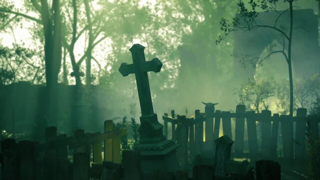 Ominous cross silhouette beneath tree canopy with sunrise haze and low fog, scattered gravemarkers and textured stone bases, warm light edges contrasting cool