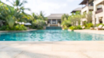 Fototapeta premium Tropical Resort Swimming Pool with Palm Trees and Luxury Hotel Buildings