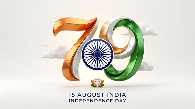 3d rendering of 79th independence day india text isolated on white background