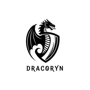 Black dragon logo on shield symbol.