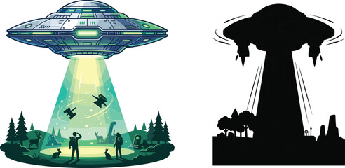 UFO alien spaceship hovering over forest with green tractor beam vector illustration and black silhouette © rehna