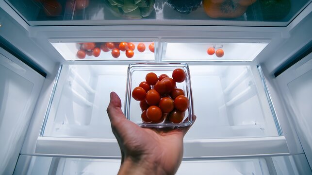 Hand holding fresh cherry tomatoes inside open refrigerator.