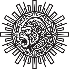 Fototapeta premium Stylized gorilla head portrait in a tribal style, enclosed within a circular sunburst frame featuring geometric rectangular rays