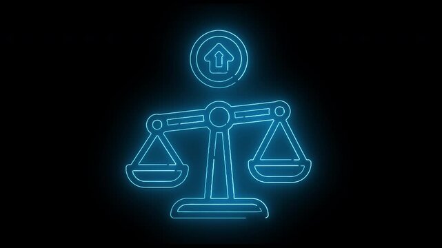 Justice Balance Scale with Security Shield and Legal Protection Neon Icon