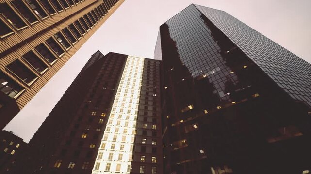 Historic stone buildings alongside modern towers, textured masonry and ornate detail contrasted with sleek reflective surfaces, evening mood in dense urban core