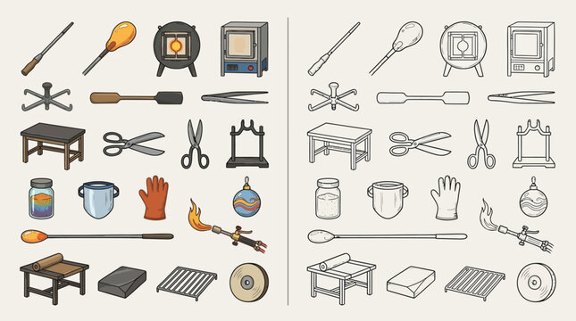 Collection of glassblowing tools and equipment, presented in both color and outline styles.