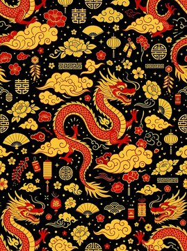 Traditional chinese new year pattern with red dragons and gold clouds