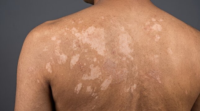 Rear view of male torso covered with extensive well defined white vitiligo depigmentation patches