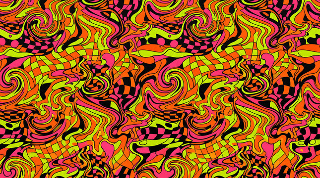 Psychedelic Trippy Seamless Pattern: Y2K Aesthetic Distorted Checkerboard Waves
