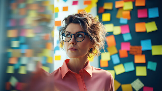 A Moment of Creative Spark: A thoughtful woman, surrounded by a wall covered in colorful sticky notes, gazes intently, lost in contemplation and the flow of ideas.