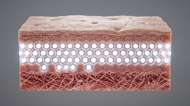 3D scientific illustration of hexagonal intercellular lipid matrix reinforcing human skin barrier
