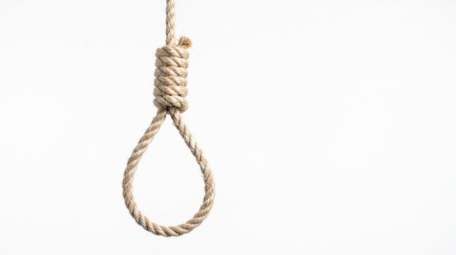 no people, no characters, rope knot, hangman knot, coiled rope, studio setting, white background, close-up, detail, texture, fiber, hemp rope, isolated, loop, tension, conceptual, symbolic, metaphor, 