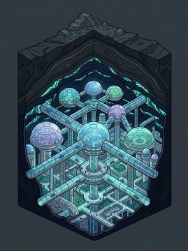 Futuristic isometric underground city with glowing dome habitats