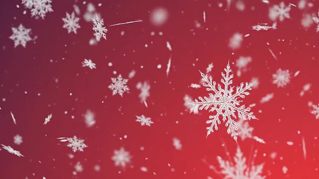 White snowflakes falling against a vibrant red background