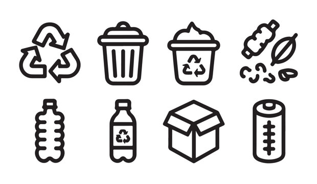 Set of outline recycling icons for waste management and environmental protection featuring trash containers.