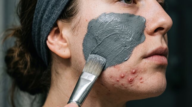 Close up of woman face applying grey clay mask with flat brush over jawline acne pustules