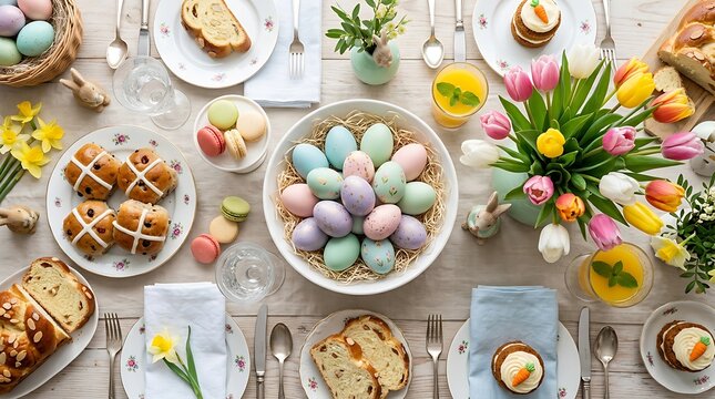 Festive easter brunch table with pastel eggs and spring flowers