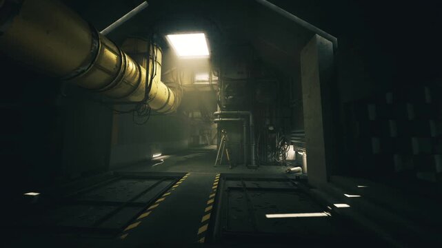 Wide industrial corridor with overhead pipes and maintenance tracks, hazy light from skylight, heavy machinery silhouettes, utilitarian grit and worksite mood