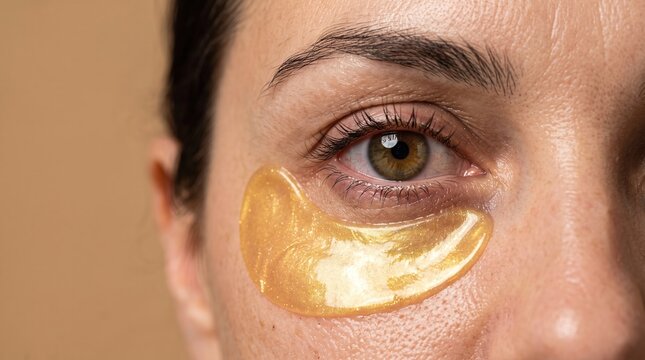 Close up of woman eye with a sparkling golden hydrogel under eye patch mask for dark circles
