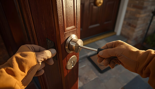 Hands Unlocking Door with Screwdriver