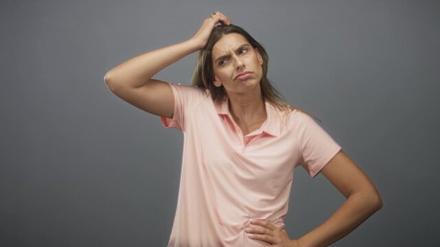 Young hispanic woman scratches head with hand, frowning and hands on hip in a grey studio backdrop; confusion doubt.