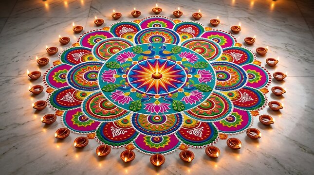 Vibrant traditional rangoli pattern with lit diyas on marble floor