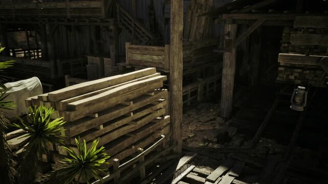 Closeup stacked wooden slats showing texture and weathered grain, soft sunlight grazes edges while shadow pockets emphasize depth, organic plants peek