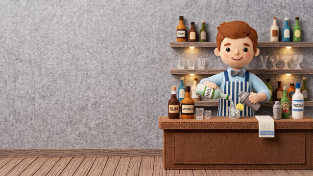 Handcrafted felt bartender in a striped apron pours gin at a brown bar counter. Liquor bottles sit on shelves behind him against a gray background with left copy space.