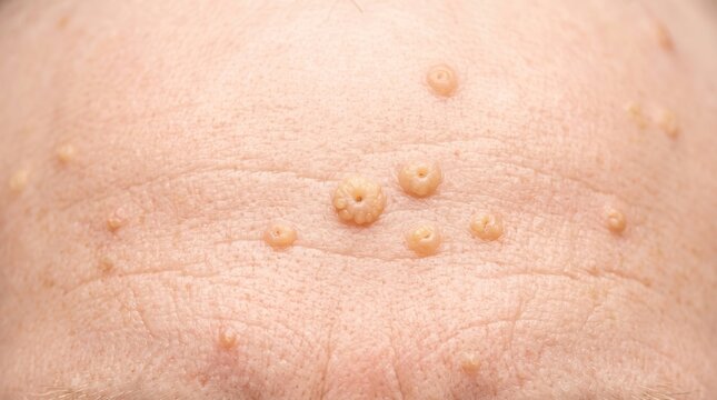 Close up of person forehead skin with multiple umbilicated papules from sebaceous hyperplasia