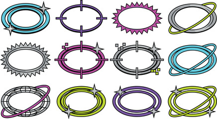 Futuristic Oval Frame Collection Vector Illustration Set with Neon Rings, Sci Fi Borders, Space Orbit Shapes, and Abstract Tech Design Elements © Anowara