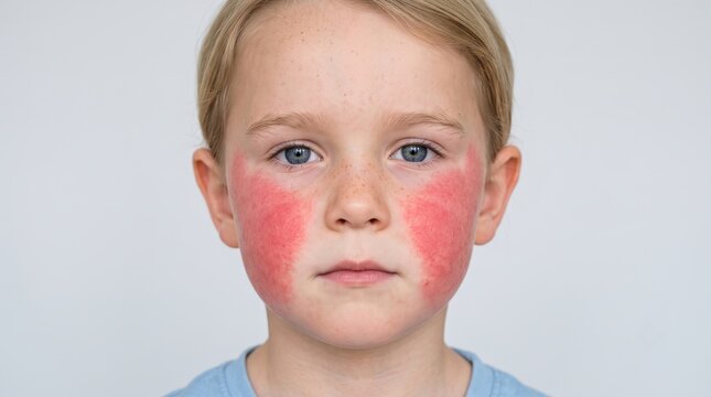 Front view portrait of child face with a symmetrical bright red slap cheek butterfly rash