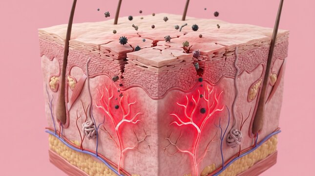 3D scientific medical diagram of cracked stratum corneum skin barrier with red inflammation network