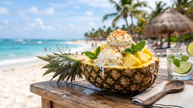 Luxury Pineapple Coconut Ice Cream Served in Fresh Pineapple Shell Tropical Frozen Dessert Ultra Realistic 16K