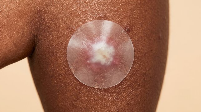 Close up of dark skin with a large round transparent hydrocolloid patch over inflamed abscess