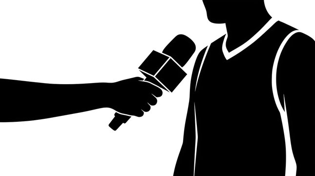 Silhouette of a reporter interviewing an athlete with a microphone