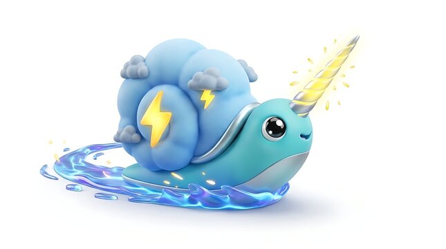 Whimsical snail with a cloud shell and unicorn horn