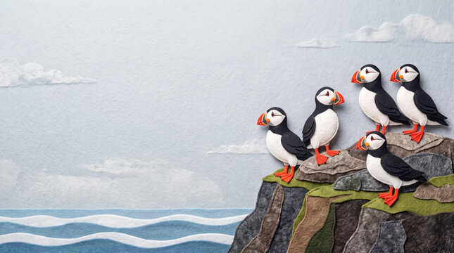 Handcrafted felt illustration of five puffins standing on a rocky cliff edge overlooking blue ocean waves under a light blue cloudy sky with left copy space.