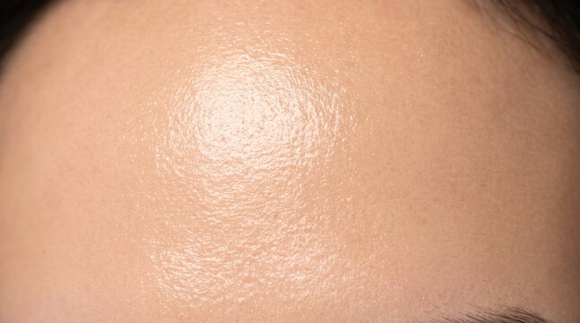 Macro close up view of an ultra smooth glowing hydrated glass skin forehead texture