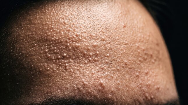 Macro close up of forehead skin densely covered with countless tiny skin colored closed comedones