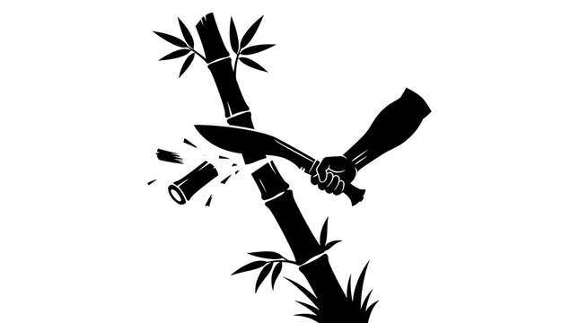 Hand cutting bamboo with a machete silhouette
