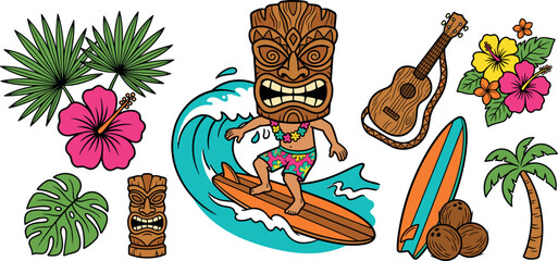 Hawaiian Tiki Surfing Collection with Tribal Mask, Surfboard, Ocean Wave, Ukulele, Palm Trees, Tropical Flowers and Island Vector Illustration © Shekhor studioBD
